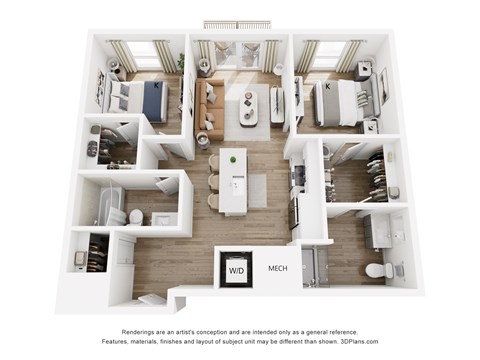 A 3D floor plan of a house with labeled rooms.